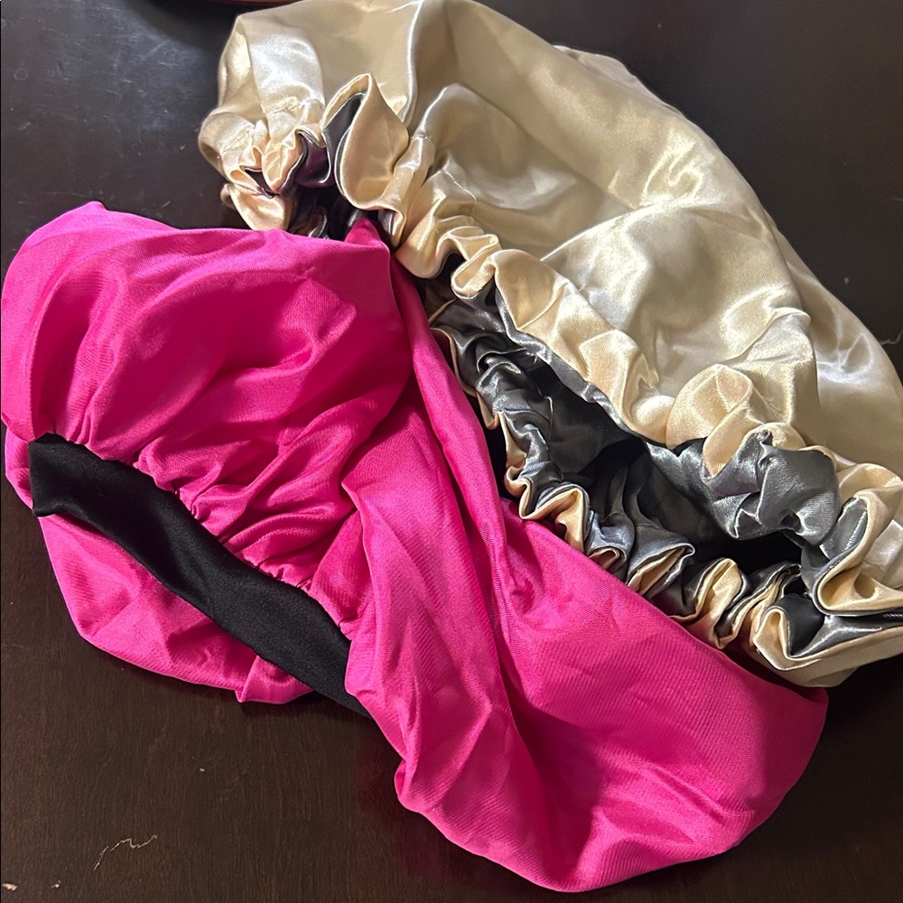 Pink and Gold Satin Hair Bonnets